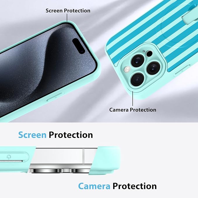 KANGHAR Compatible with iPhone 15 Pro Case, Support for MagSafe, Silicone Stripes Cute Pattern, Wristband Kickstand Camera Protection Soft Slim Cover for Girls Women -Blue