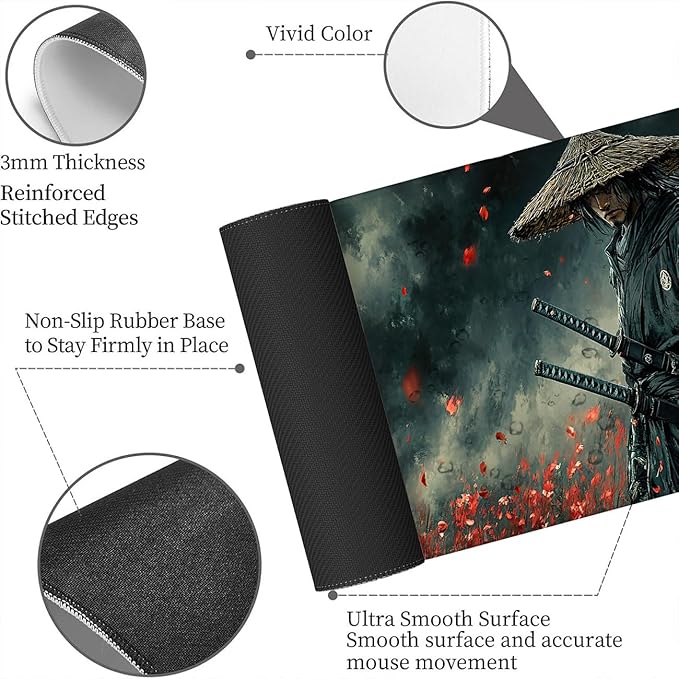 Warrior Desk Mat Swordsman Japanese Anime XL Mouse Pad Large Mousepad Extended Laptop Keyboard Mat Gaming Desk Pad Mouse Mat Professional Desk Pad for Office Equipment 31.5x11.8 Inch