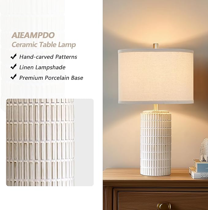 AIEAMPDO 23'' Set of 2 Modern Ceramic Table Lamps for Living Room Bedroom, Nightstand Farmhouse Beige White Desk Lamp for Bedside End Table Entryway, 2 LED Bulbs Included