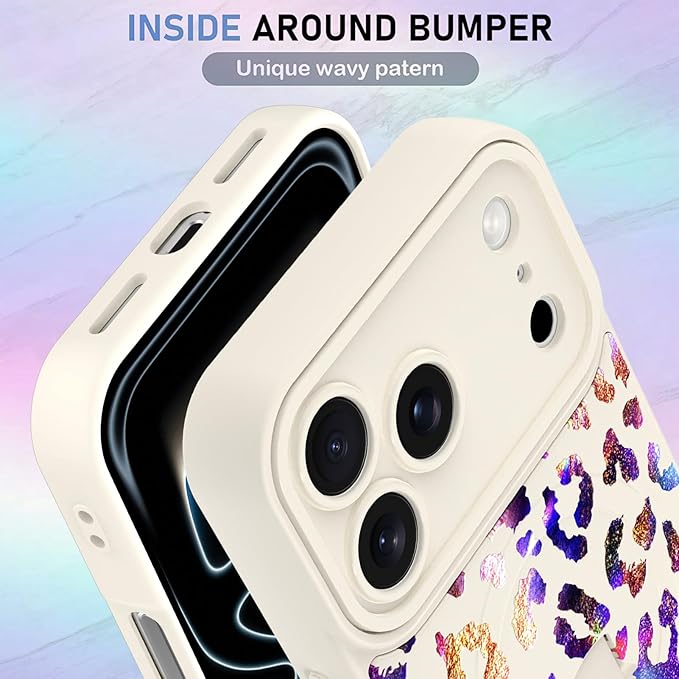KANGHAR Compatible with iPhone 17 Pro Max Case, Support for MagSafe, Silicone Cute Iridescent Leopard Cheetah Pattern, Wristband Kickstand Shockproof Protective Slim Cover for Women Girls, White