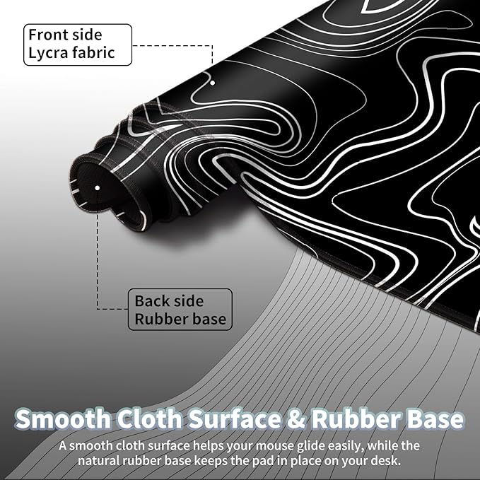 Topographic Map Large Mouse Pad, Black White Desk Pad for Keyboard and Mouse, 31.5" X 15.7" Computer Gaming Mouse Mat with Non-Slip Rubber Stitched Edge for Laptop Gamer, Black Lines Contour