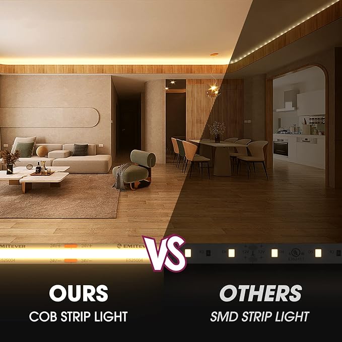 EMITEVER LED Strip Light Warm White 3000K 16.4ft,24V DC COB Dimmable Tape Lights with RF Controller,Premium High Density Power Adapter,1600LEDs Suitable for Bedroom,Kitchen Cabinets,Indoor Use