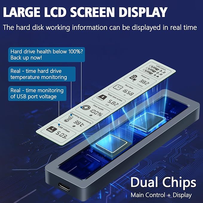Smart M.2 NVMe SSD Enclosure, Large LCD, Intelligent Detection, Prevents Write Data Loss, USB 3.2, Type-C (10 Gbps), fits NVMe PCIe Size 2230/2242/2260/2280, Support M-Key B+M Key (up to 4TB)