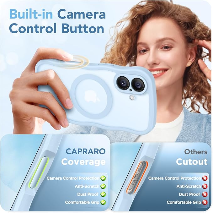 CAPRARO Magnetic for iPhone 17 Case for Women Girls, Upgraded [Full Camera Protection] [Compatible with MagSafe] Cute Wave Translucent Matte Phone Case for iPhone 17, Light Blue