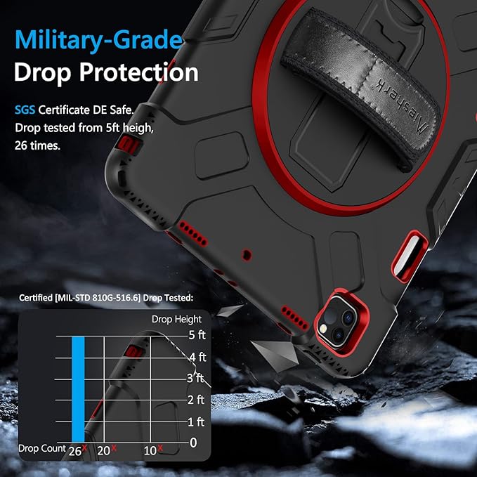 Miesherk Case for iPad Pro 12.9 Inch 6th/5th/4th Generation, Military Grade Heavy Duty Shockproof iPad Pro 12.9 Case - Rotating Stand, Pencil Holder, Hand/Shoulder Strap, Red+Black