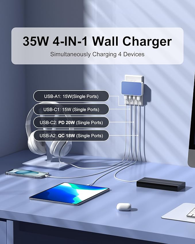 Flat USB Wall Charger 4 Ports Slim 35W USB-C/A Flodable Plug Fast Charging Block for iPhone 8/9/10/11/12/13/14/15 Multiport Power Charging Adapter for ipad and Galaxy Series S8-10 Blue