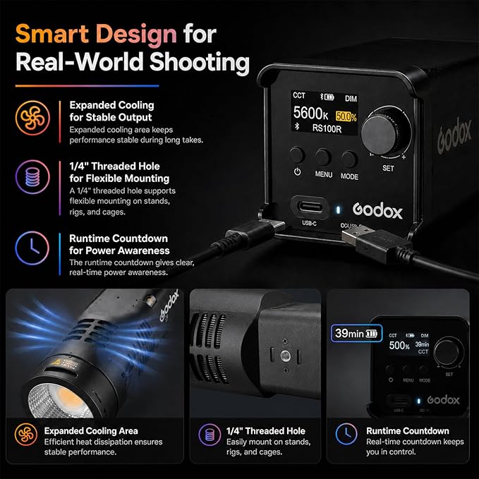 Godox RS100R 100W RGB LED Video Light, Built-in Battery COB Photography Light, 18100Lux, 1800K-10000K, 0.1% Dimming, USB-C Charging, App/DMX Control for Studio Video Streaming & Content Creation