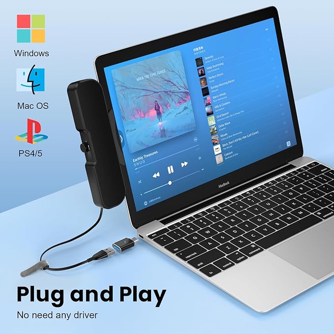 Cirqon Computer Speakers for Desktop PC, Easy Volume Knob, Sturdy Clamp, Basic Sound, Laptop Speakers with Compact Design, USB/USB C Adapter for Power and Audio(Black)