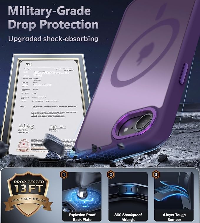 Newfuture Designed for iPhone 17e Case & iPhone 16e Case with Magnetic [13 FT Military Drop Protection] [Compatible with Magsafe] Translucent Shockproof with Anti-Fingerprint Phone Case, Deep Purple