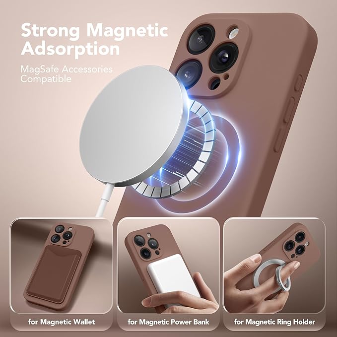 Magnetic for iPhone 14 Pro Case, Compatible with MagSafe, [Full Camera Protection][Screen Protector] Silicone Shockproof Protective Phone Case for iPhone 14 Pro 6.1", Brown