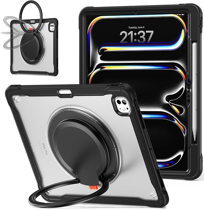 Batianda for iPad Pro 11 inch Case 2025 M5 2024 M4 Chip Lightweight Dual-Layer Protective Tablet Cover, Durable Shock-Absorbing Corners with 360° Rotating Kickstand Ring Built-in Pen Slot, Black