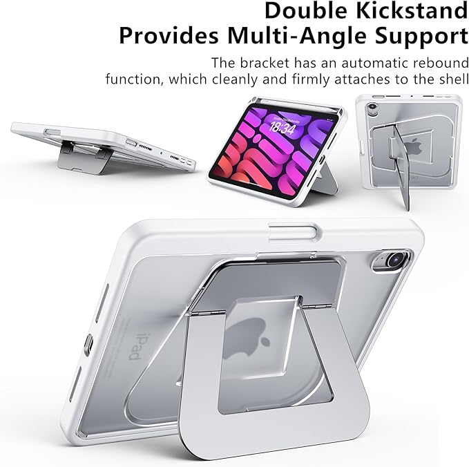 Case for iPad mini 7 A17 Pro 2024/iPad Mini 6 2021 8.3 Inch/iPad mini 7th/6th Gen Case,Dual Multi-Angle Adjustable Kickstand Protective Cover with Built-in Pencil Holder,Hard Backplate,White