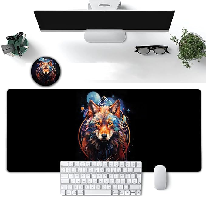 Large Mouse Pad, 31.5 x 11.8in Extended Gaming Mouse Pad with Stitched Edges, XXL Mousepad Protector Non Slip Rubber Base for Office and Home Writing Mat, Nebula Wolf Pattern Black Desk Mat