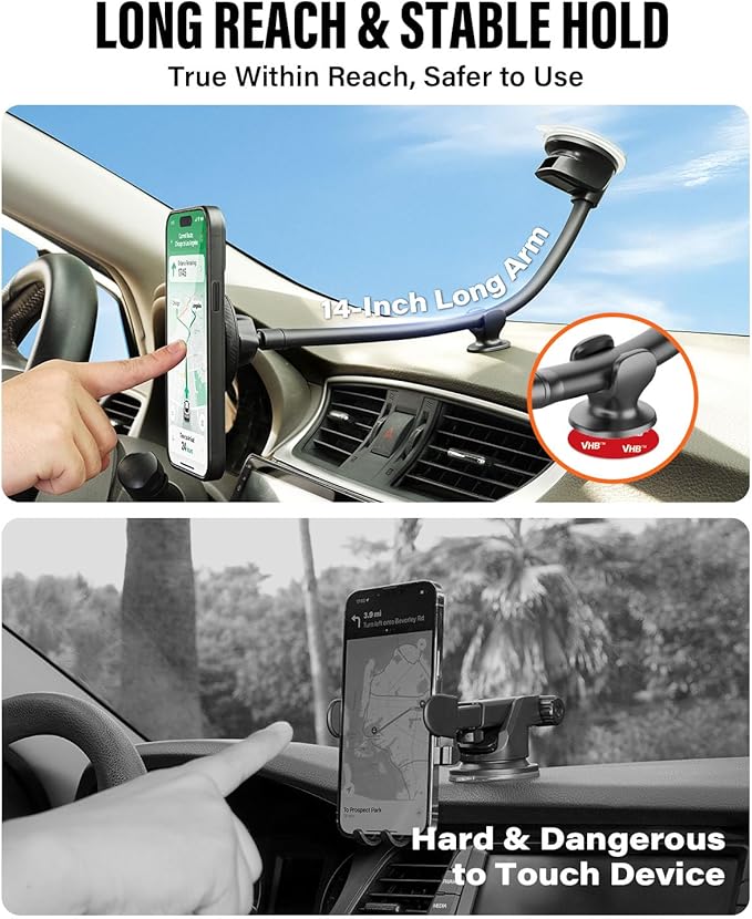 APPS2Car for MagSafe Car Mount Magnetic Phone Holder Upgraded 14-Inch Long Arm Suction Cup Windshield Mount fits iPhone 17 Pro Max Plus 16 15 14 13 12 Mini