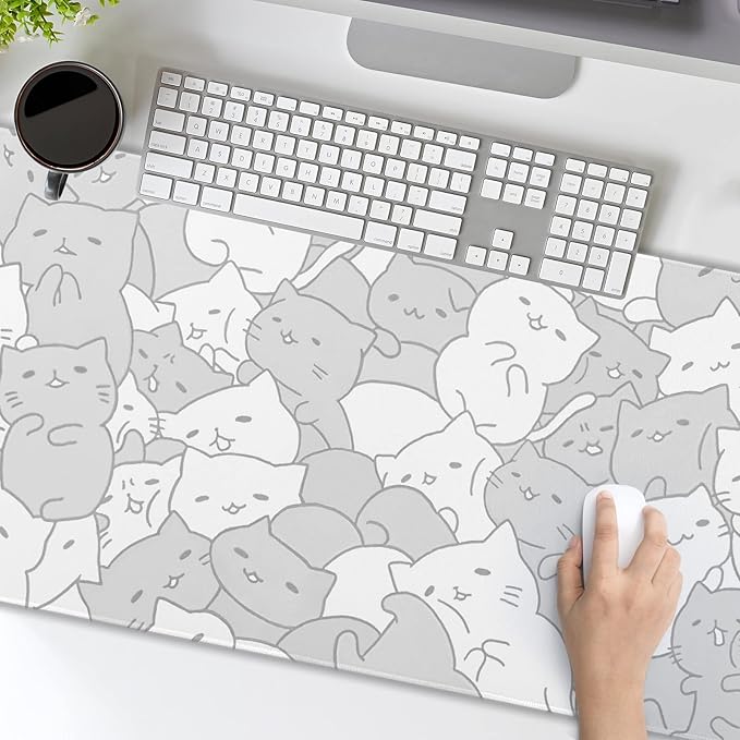 White Kawaii Cats Gaming Mouse Pad XL Cute Anime Kittens Japanese Extended Big Large Desk Mat Non-Slip Rubber Base Stitched Edge Long Keyboard Mousepad for PC Computer Laptop,31.5×11.8 Inches