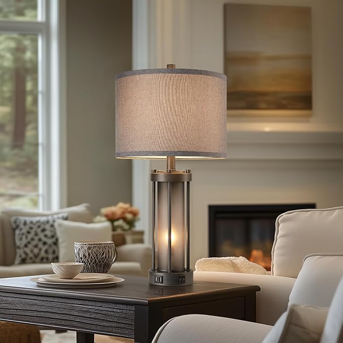 RORIA Set of 2 Rustic Table Lamps for Living Room with 2 USB Ports, Vintage Bedside Lamps with Gray Frosted Glass Night Light for Bedroom Desk Lamps for Entryway, 4 Bulbs Included