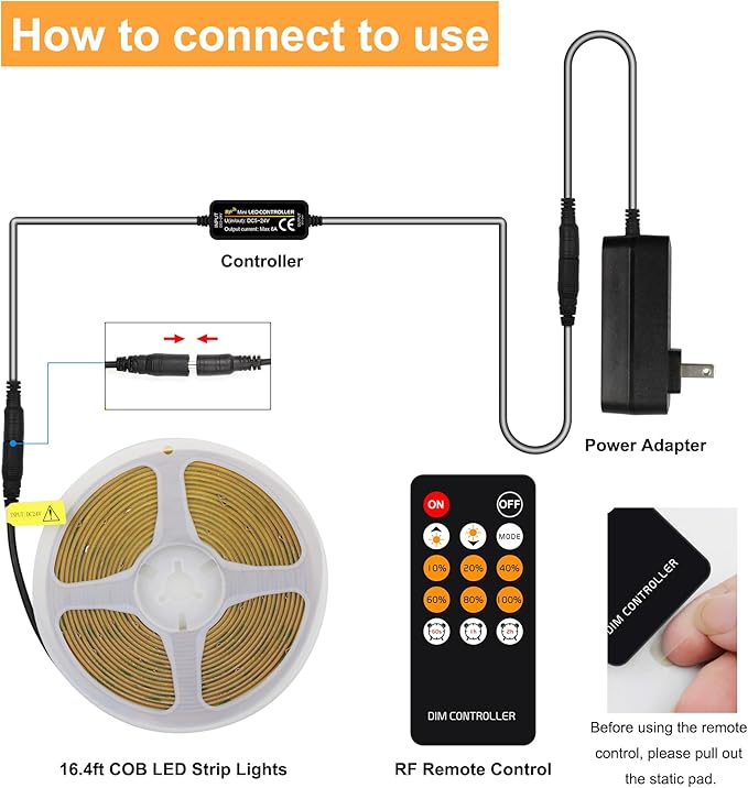 AXMOTUT COB LED Strip Light Warm White, High Bright LED Lights with 2400LEDs, RF Remote and UL Power Supply, 2700K Dimmable LED Rope Lights for Mirror, Bedroom, Kitchen, DIY Home Decoration