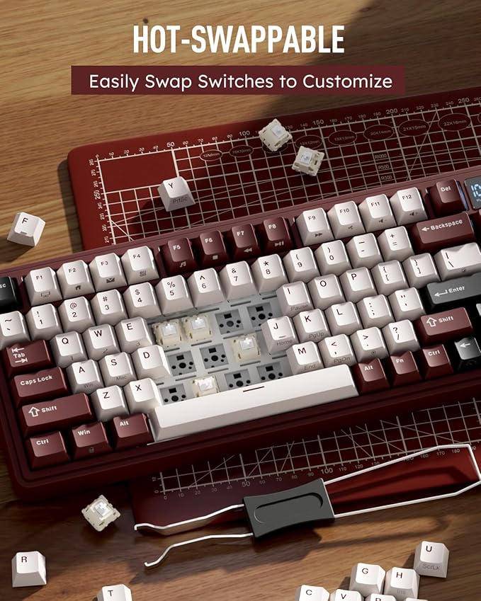 RK ROYAL KLUDGE M100 Wireless Mechanical Keyboard w/Screen & Dual Knobs, Tri-Mode Gasket Mount Gaming Keyboard with Number Pad, Hot Swappable Cream Switch, Red
