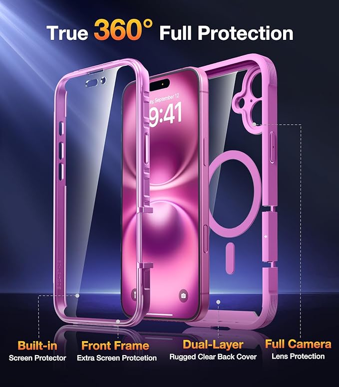 Diaclara Magnetic Designed for iPhone 16 Plus Case,[Full Camera Protection] 360 Clear Bumper Compatible with MagSafe Built-in Screen Protector for 16 Plus case,Magnetic Rose Purple