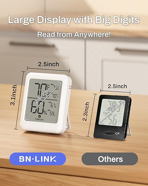 BN-LINK Digital Hygrometer Indoor Room Thermometer, Accurate Temperature and Humidity Meter with Large LCD Monitor for Home, Bedroom, Terrarium, Incubator, Greenhouse, 1 Pack