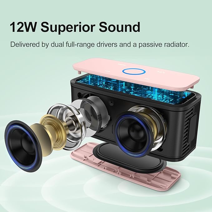 DOSS SoundBox Touch Wireless Bluetooth Speaker-12W HD Sound with Rich Bass, IPX5 Waterproof, 20H Playtime, Handsfree, for Gatherings, Home, Office, Outdoor, Travel-Light Pink