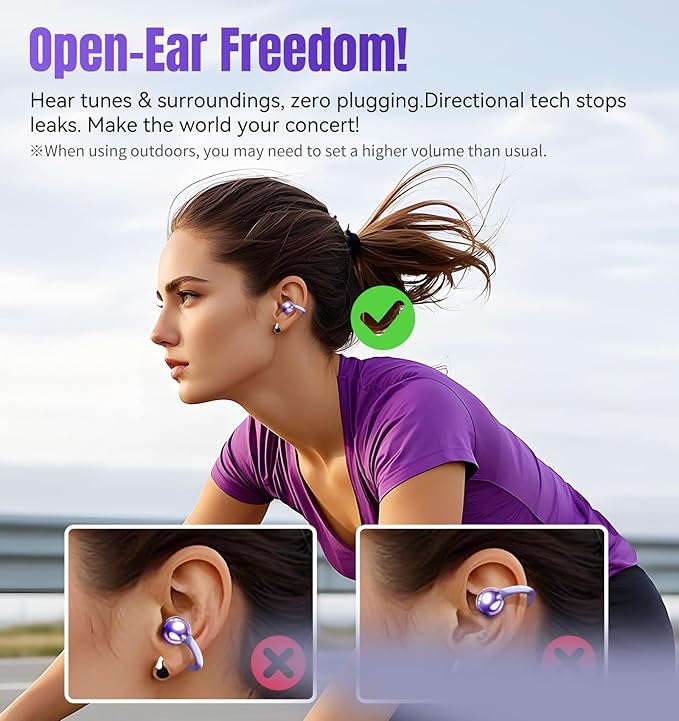 King Lucky Clip-On Earbuds Gen 3, Open-Ear Wireless Bluetooth 6.0 Headphones with Mic, Secure Fit for Small Ears & Glasses Wearers, 50H Playtime, LED Digital Display, ENC, IPX5 Waterproof (Purple)