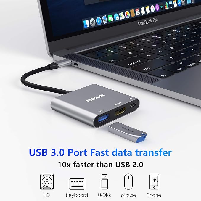 MOKiN USB C to HDMI Multiport Adapter, Type-C Hub Thunderbolt 3 to HDMI 4K Output USB 3.0 Port and USB-C Charging Port, Digital AV Adapter for MacBook Pro/air, Galaxy S8/S9