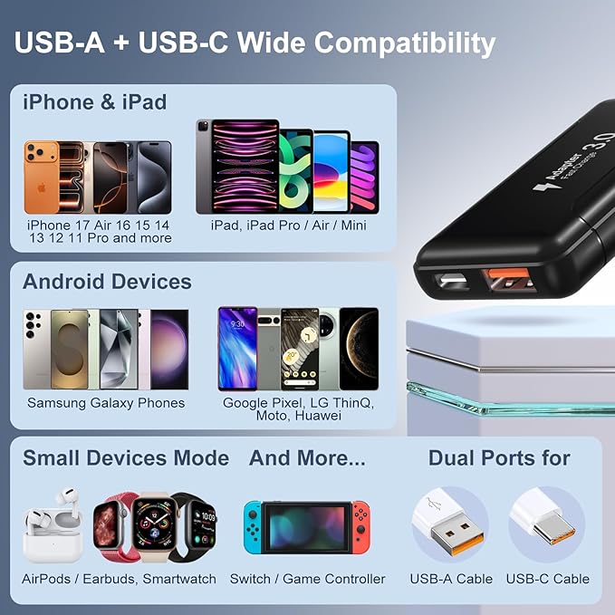 Slim Flat USB C Wall Plug, OKRAY 50W Ultra-Thin&Foldable Dual USB Charger PD30W USB-C+USB-A Fast Charging Block Multiport Travel Power Adapter for iPhone 17 Air 16 15 14 13 12 Pro,iPad, Galaxy S25 S24
