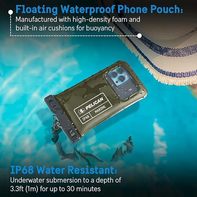 Pelican 2 Pack Marine - IP68 Waterproof Phone Pouch (Regular Size) Floating Waterproof Phone Case - Beach Cruise Ship Travel Essentials - Works with All Phones - Detachable Lanyard - OD Green