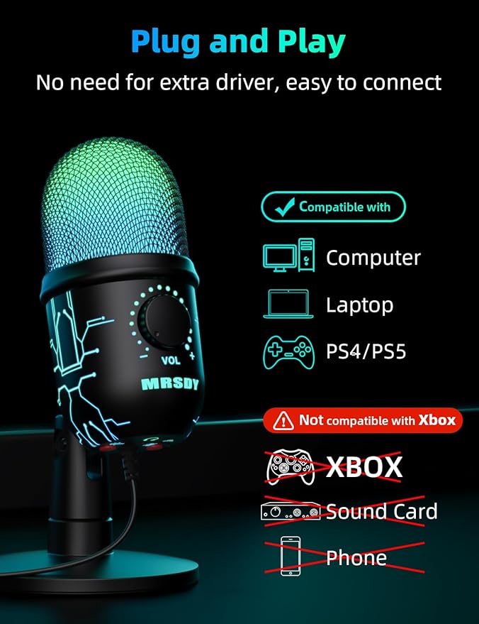 MRSDY Gaming Microphone, USB Computer Microphone for PC, Mac, PS4/5, Condenser Podcast Mic for Studio Recording, YouTube, Streaming, with Headphone Jack, Led Light, Mute, Gain, Noise Cancellation
