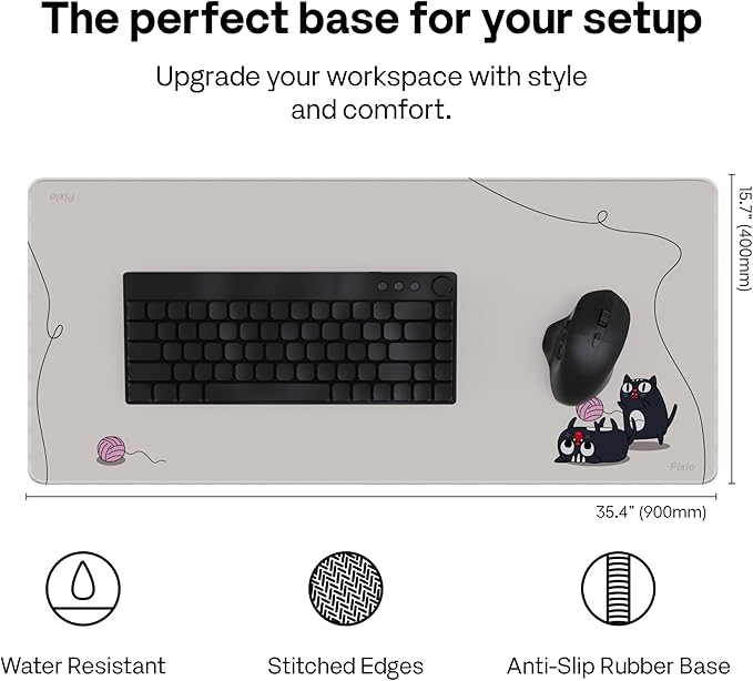 Pixio Mouse Pads - 36 x 16 inch XXL Playful Cats (Side) Beige Multifunctional Large Desk Mats for Gaming, Office, Desktop Anti-Slip Waterproof Washable Computer Mouse Mat
