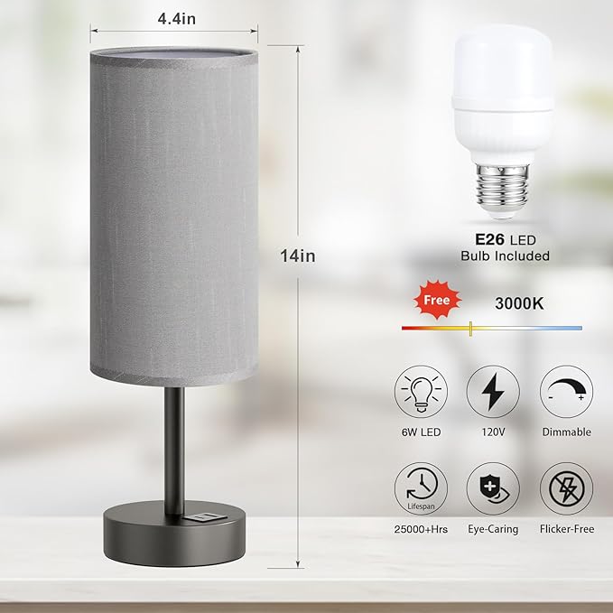 Dicoool Small Touch Bedside Lamp with USB - 3 Way Dimmable Grey Table Lamp for Bedroom, Nightstand Lamp with Charging Station for Desk Dorm, Office