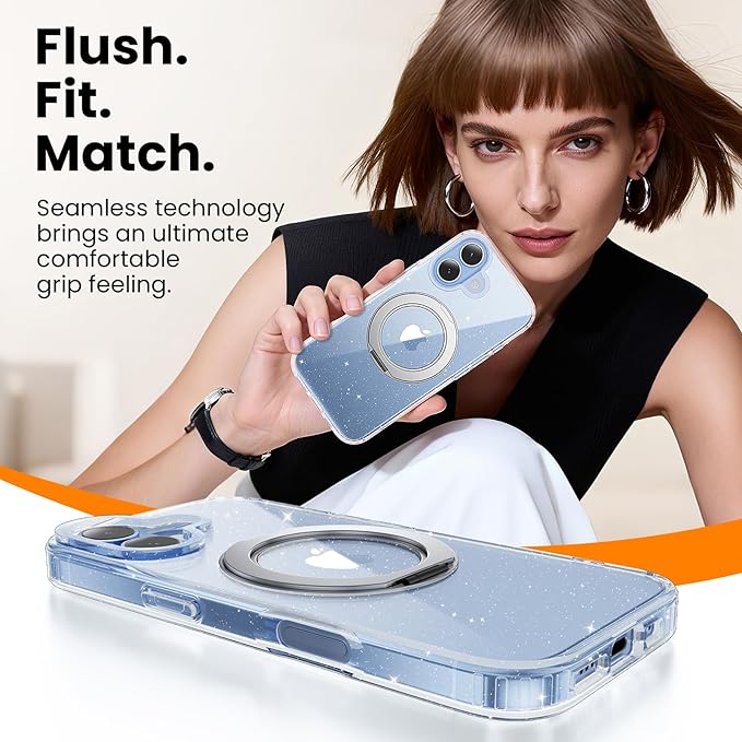 360° Ring Stand for iPhone 17 Case, Compatible with MagSafe, Military-Grade Protective,Anti-Yellowing, Scratch-Resistant Back Cover Phone Case for iPhone 17 6.3", Clear Glitter Stand