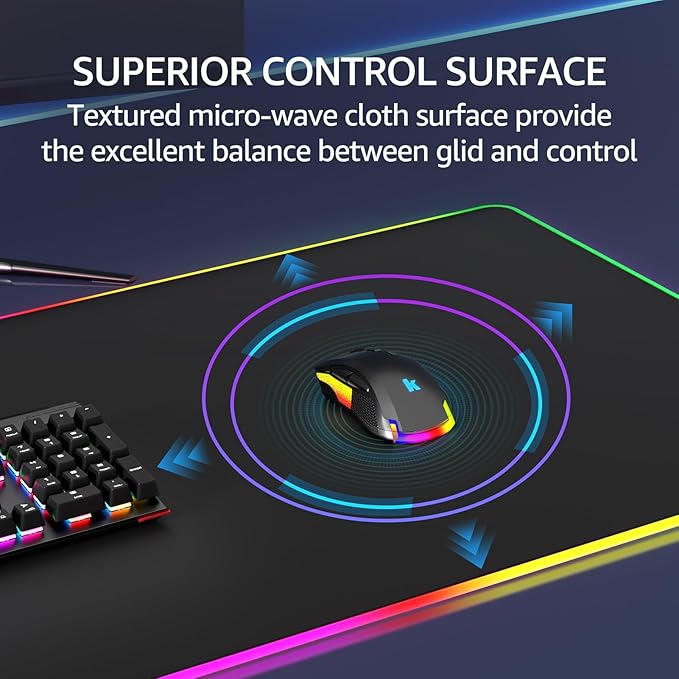 KTRIO RGB Large Gaming Mouse Pad Desk Mat, Superior Micro-Weave Cloth, Non-Slip Rubber Base, Stitched Edges, Water-Resistant, for Gamer, Office & Home, 35.4 x 15.7 in