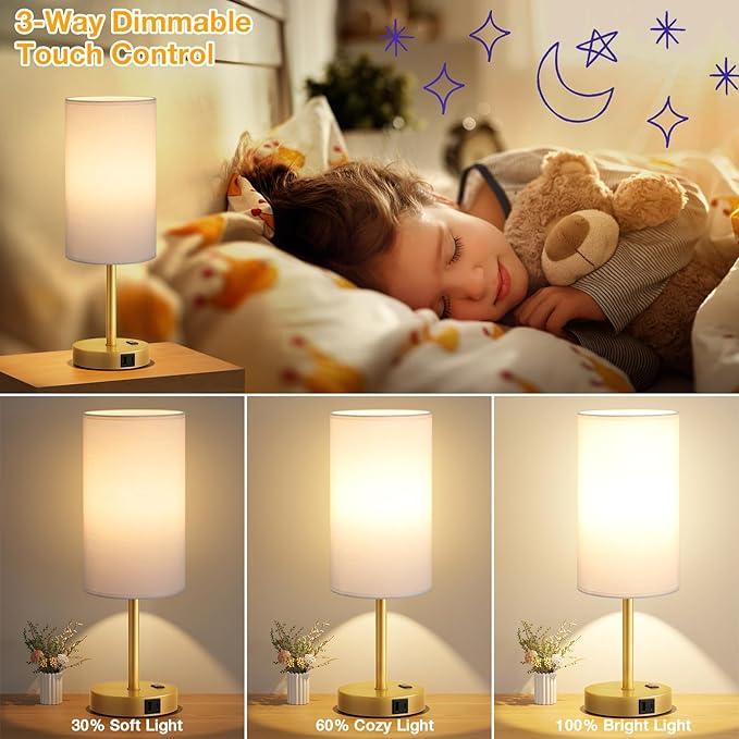 Dicoool Touch Bedside Table Lamp with USB - 3 Way Dimmable Gold Lamp for Bedroom Nightstand, Desk Lamp with Charging Station for Dorm, Office, Kids Room, Living Room