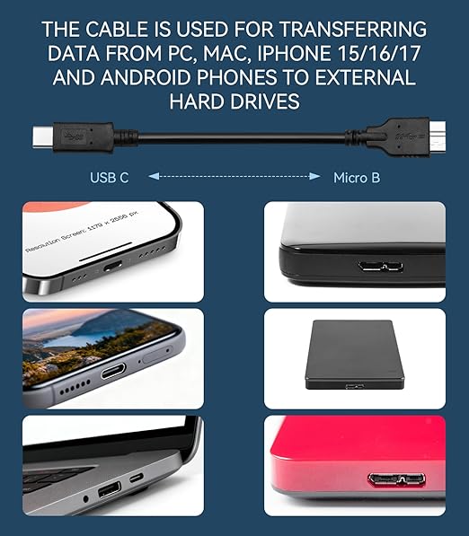 3.3FT USB 3.0 External Hard Drive Cord, Micro B to USB C for WD My Passport, Seagate, Toshiba, Canvio, LaCie, Compatible with iPhone 15, 16,17, PC, Mac, Samsung, LG, Moto, Pixel & Other USB-C Devices