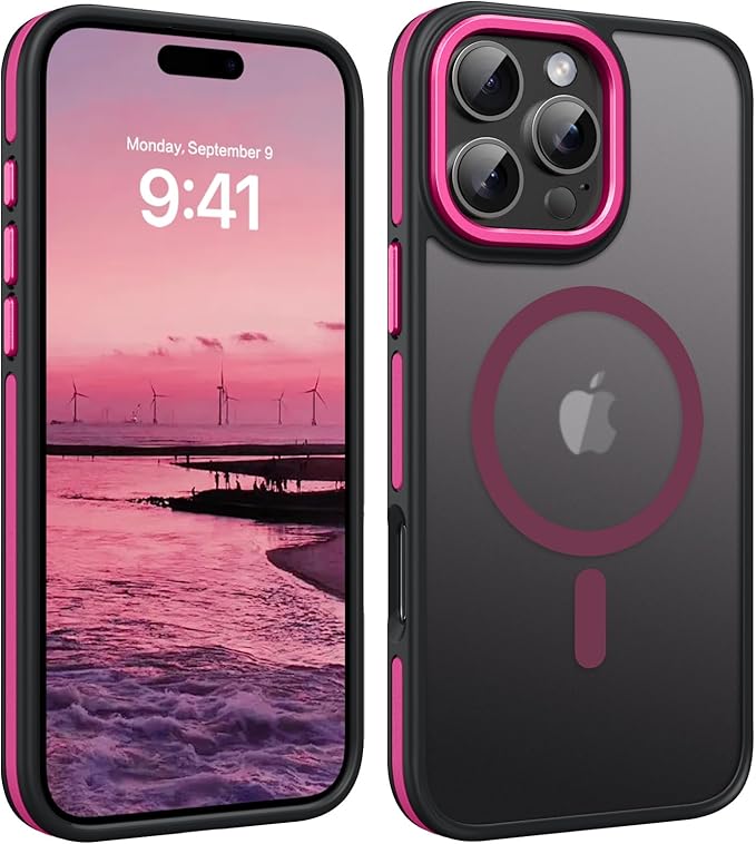 YINLAI Case for iPhone 16 Pro 6.3-Inch, iPhone 16 Pro Phone Case Magnetic [Compatible with Magsafe] Slim Translucent Matte Men Women Girls Shockproof Protective Back Cover, Black/Hot Pink