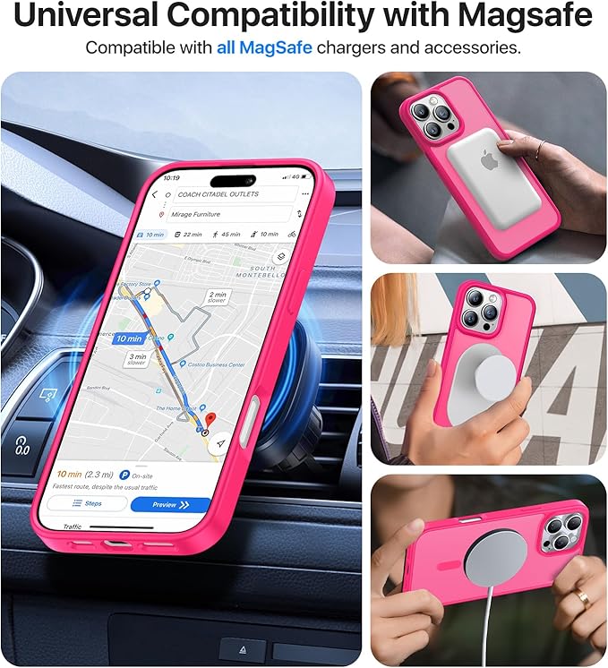 Magnetic for iPhone 15 Pro Case,[Compatible with MagSafe][Military-Grade Drop Protection][Anti-Yellowing] Shockproof Protective Translucent Matte Cover for iPhone 15 Pro Phone Case,Hot Pink