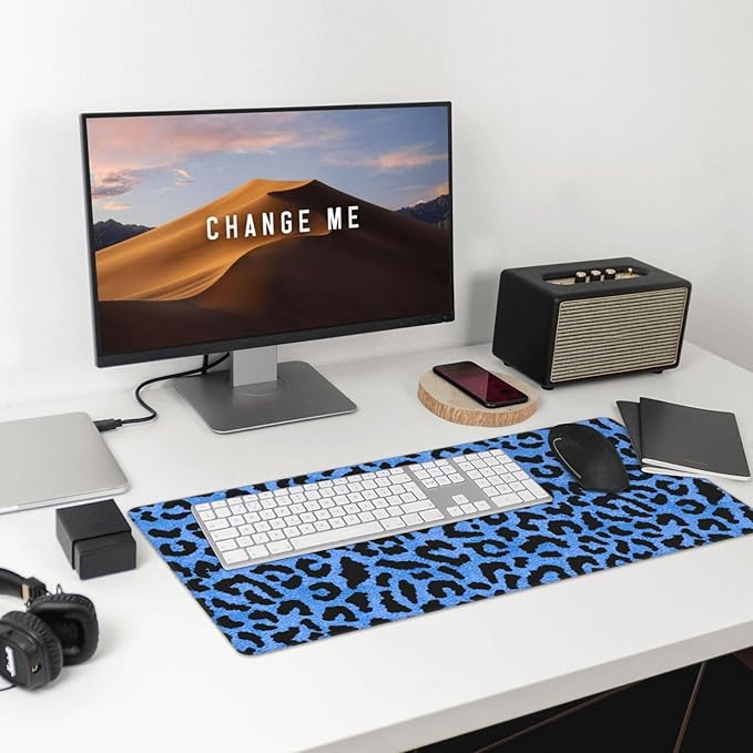 Blue Leopard Skin Print Large Extended Mouse Pads XL Mousepad with Stitched Edges Non-Slip Rubber Base Computer Keyboard Pad Desk Mat for Home Office Desk Decor, 29.5" X 15.8"