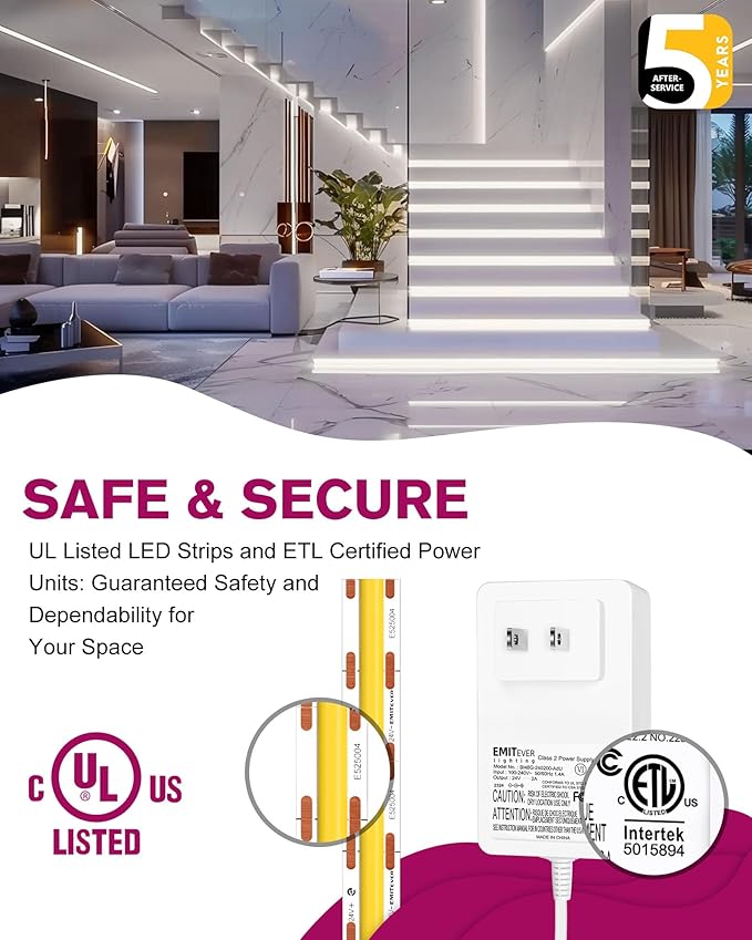 EMITEVER COB LED Strip Lights Kit 5000K, White 16.4ft Dimmable Tape Light with Remote & 24V Power Supply, CRI90+, High Density 2400LEDs, 300+LM/FT, Suitable for Bedroom Kitchen Cabinet Lighting
