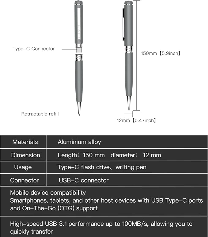 128GB USB C Flash Drive Pen, Portable USB Memory Stick with Pen Design, Type C + Dual USB 3.0 High Speed Flash Drive with Smooth Writing, Compatible with Smartphone Tablet Computer iPhone 15 16