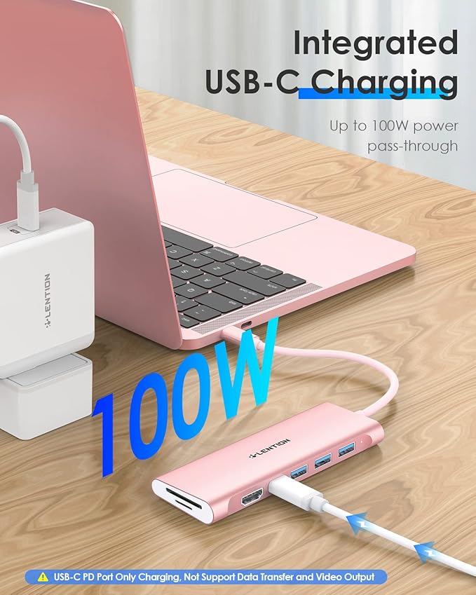 LENTION 7-in-1 USB C Multiport Hub with 4K HDMI, 100W PD, 3 USB 3.0 Ports, SD/MicroSD Card Reader Compatible MacBook Pro/Air/Neo 2016-2026 Type C Devices Stable Driver Adapter (CB-C36B, Rose Gold)
