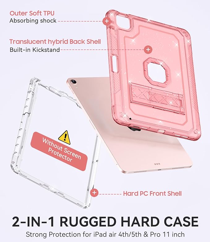 ZoneFoker Case for iPad Air 5th/ 4th Generation Case (2022/2020) 10.9'', for iPad Pro 11 Inch (4th/3rd/2nd/1st Gen), Hard Sturdy Slim Cover for iPad Air 5 4 th with Pencil Holder/Stand, Pink Glitter