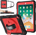 MENZO Shockproof Case for iPad 5th Gen/6th Gen/Air 2/Pro 9.7-inch with 360° Swivel Stand, Pencil Holder, Detachable Hand and Shoulder Strap, Black+Red