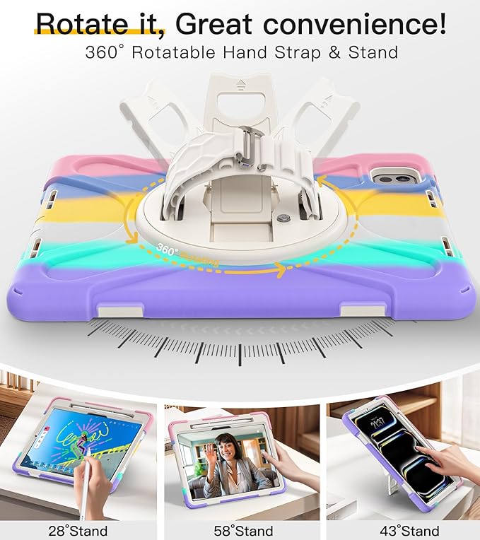 BRAECN Case for iPad Pro 11 inch M5 2025 & M4 2024, 4 Layers Heavy Duty Full-Body Protection Screen Protector Pencil Holder, 360° Rotating Handle Kickstand, Shoulder Strap Kids Friendly