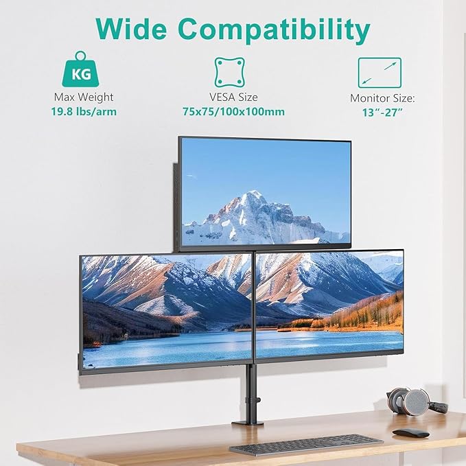 WALI Triple Monitor Mount for 13-27 inch Screens, Taller 3 Monitor Desk Mount, up to 19.8lbs, 31.9 inch Height Max, Adjustable Triple Monitors Stand, VESA 75/100mm (GSDM003S), Black