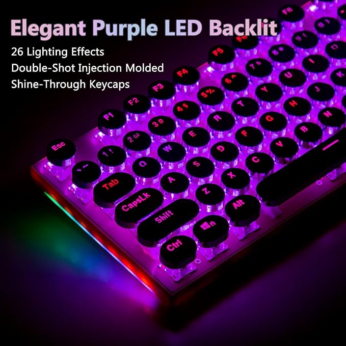 HUO JI Typewriter Mechanical Gaming Keyboard with RGB Sidelit and Purple LED Backlit, Retro Style, Red Switches, Metal Panel, Lipstick 104 Keys for Mac, PC, Cute Pink