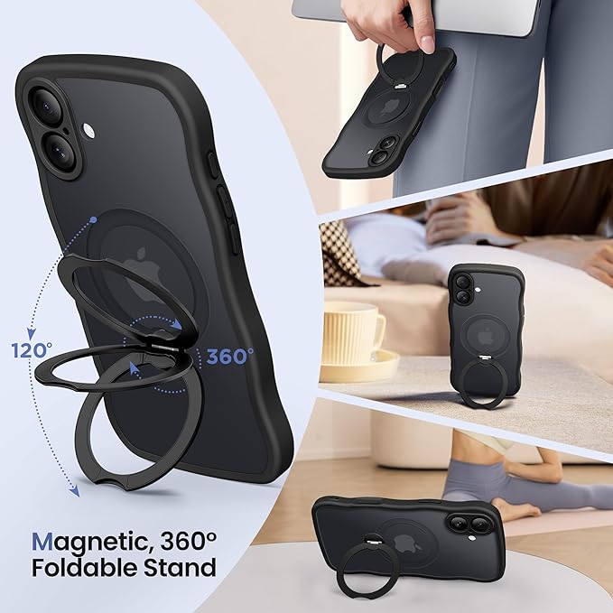 CAPRARO for iPhone 16 Plus Case with 360° Spin Magnetic Stand for Women, [Compatible with MagSafe] [Full Camera Protection] Cute Wave Translucent Matte Case for iPhone 16 Plus, Black