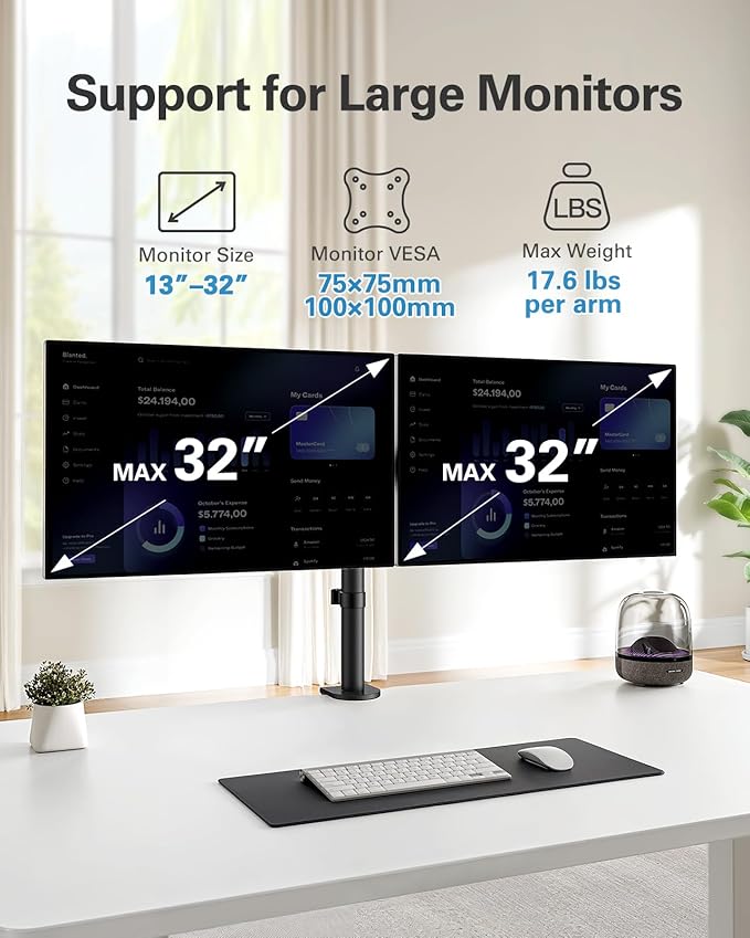 HUANUO Dual Monitor Mount up to 32 Inch Screens, Heavy-Duty Steel Dual Monitor Stand, Full Motion Adjustable Arm with Tilt, Swivel, Rotate, Holds up to 17.6 lbs per Arm, VESA 75/100mm