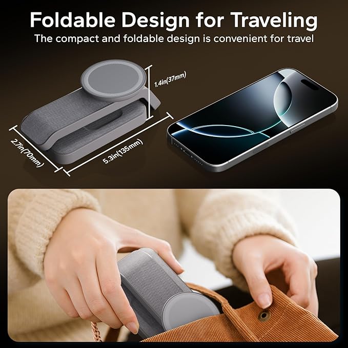 Eazpower 3 in 1 Foldable Wireless Charging Station for MagSafe, Nightstand Magnetic Charger Stand for iPhone 17 16 15 14 Pro Max, Travel Charging Dock with Night Light for Apple Watch/AirPods (Gray)